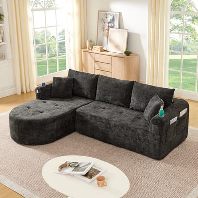 STILVORA Hoekbank L-Vorm - Modulaire Cloud Sofa Met Bekerhouder En Opbergvakken - Voor Woonkamer En Lounge - Stoffen Bekleding - Zwart