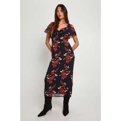 boohoo Dames Bloemenjurk met engelmouwen midaxi | Black | Maat: 8