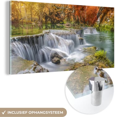 MuchoWow® Glasschilderij 40x20 cm - Schilderij acrylglas - Herfst - Waterval - Natuur - Bomen - Foto op glas - Schilderijen