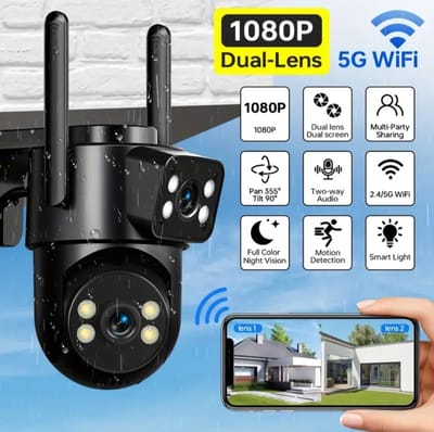1080P Dual-Lens Beveiligingscamera – WiFi 2.4/5GHz – Kleur Nachtzicht – IP65 Weerbestendig – Bewegingdetectie – Twee-weg Audio. (Kleur Zwart)
