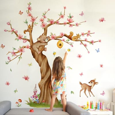 Cartoon Bloemen Vlinders Bomen Dieren Muurstickers Kinderkamer Achtergrond Decor Muurschildering Slaapkamer Decoratie Zelfklevende Decals beige