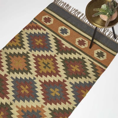 Homescapes Lucea handgeweven jute vloerkleed - 240 x 300 cm, kelim patroon oranje-blauw