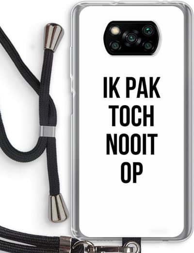 Case Company® - Hoesje met koord geschikt voor Poco X3 Pro hoesje met Koord - Ik pak nooit op - Telefoonhoesje met Zwart Koord - Bescherming aan alle Kanten en Over de Schermrand