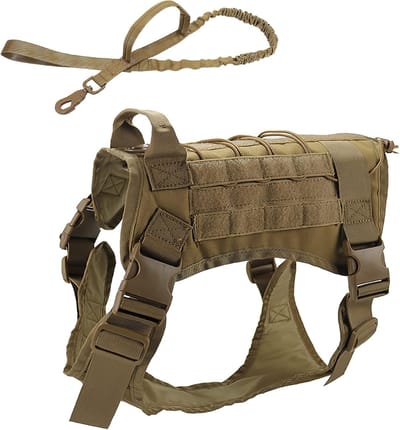 Tactisch hondenharnas en lijn 2-sets - Hondentuig voor middelgrote honden Harnasvest met hondenriem voor training Wandelen Hardlopen Buitenavontuur Khaki, M