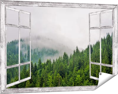 Gards Tuinposter Doorkijk Groen Bos met Bomen tijdens de Mist - 120x80 cm - Tuindoek - Tuindecoratie - Wanddecoratie buiten - Tuinschilderij