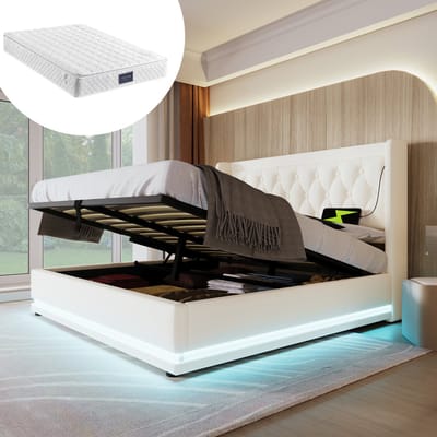 DESMIU Gestoffeerd Bed 140x200 cm – Hoofdbord Met USB En USB-C – Hydraulische Opbergruimte En Driezijdige LED – Tweepersoonsbed – PU – Wit – Met Matras
