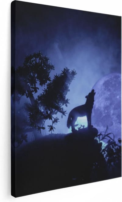 Artaza Canvas Schilderij Wolf Bij Volle Maan - 30x40 cm - Klein - Muurdecoratie Dieren - Wanddecoratie Nacht - Schilderijen Op Canvas