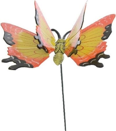 Decoris tuin deco vlinder op stok - geel - metaal - 12 x 70 cm - dieren decoraties - bewegend
