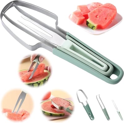 3 in 1 watermeloen vork snijder - fruit snijder - nieuwe watermeloen vork snijder - roestvrijstalen watermeloen snijder - meloen lepel set - geschikt voor keuken - camping - picknick (groen)