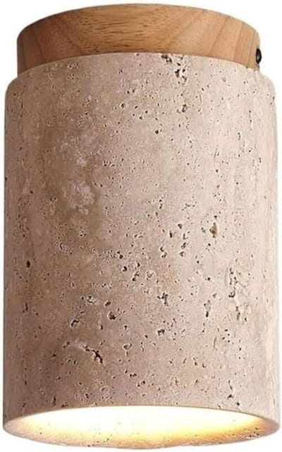 Natuursteen Look Lamp - Cilinder Verlichting - Sfeerverlichting Creëren - Hout Accent - 16 cm Hoog - Travertijn