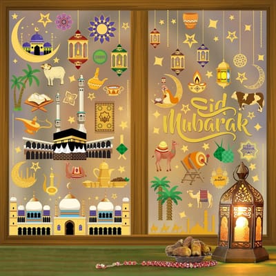 Famanu – Raamstickers voor Ramadan -Pakket van 9 -Eid Mubarak Decoratieve Sticker -Materiaal -Herbruikbaar -Ster Halve Maan Patroon -Voor Binnenshuis