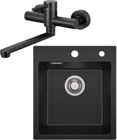 SOFETIY MAX Granieten spoelbakken 40*45cm - Spoelbak Keuken Met Keukenkraan voor wandmontage - Gootsteen Met Waterafvoersysteem - Wasbak Keuken - Zwart