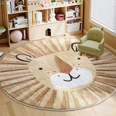 Slaapkamerdecoratie in cartoonstijl leeuwenpatroon Tapijt Leuke Ronde Vloerkleden voor Woonkamer Pluche Bedkleed Fluffy Zachte Vloermat 60*60cm beige