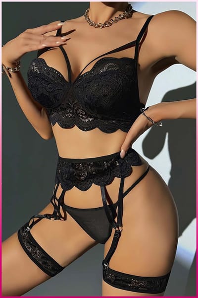 Purple-Daisy Sexy Lingerie set 4-delige set Lingerie Setje – Verleidelijke BH met Jarretels & Hoge Taille String – Sexy Bruidslingerie – Chique – Erotisch PDS0055-Z - Maat 75B - ZWART