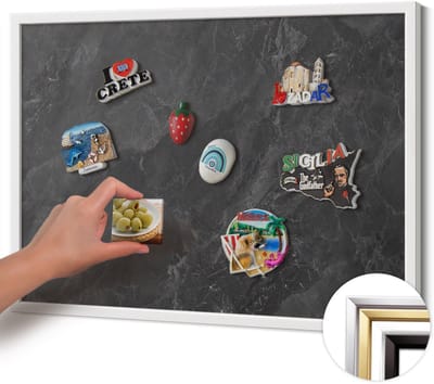 Wallfluent - Grijs Magneetbord Met Decoratieve Patronen - 70 cm x 50 cm - Magneetbord met Witte Frame - Donkere stenen structuur - Magnetisch Wandbord - Memobord Magnetisch - Magnetisch Bord Kindvriendelijk
