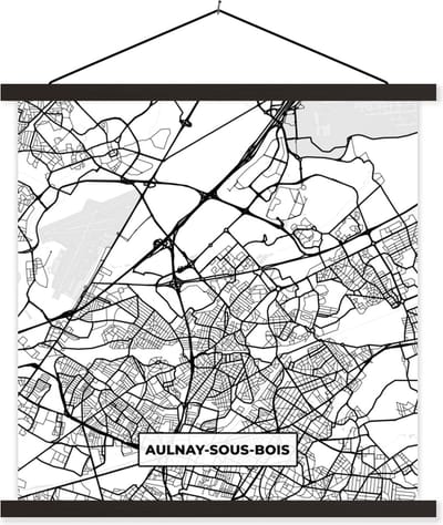 Posterhanger incl. Poster 60x60 cm - Schoolplaat - Plattegrond - Kaart - Aulnay-sous-Bois - Frankrijk - Stadskaart - Zwart wit - Textielposter - Zwarte latten - Stadskaart