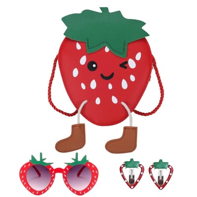 Dailygoody - Meisjes Handtas - Aardbei Design - PU Leer - Inclusief Zonnebril en Haarspeld - Geschikt voor Dating en Winkelen - Handig en Stijlvol - P