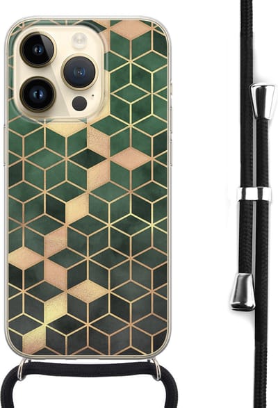 Hoesje met koord - Geschikt voor iPhone 14 Pro - Groen kubus - Verstelbaar zwart koord - Transparant, Groen - Print / Illustratie - Leuke Telefoonhoesjes