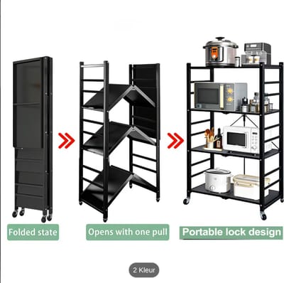 4-laags Rolbare Metalen Opbergrek, Opvouwbare Grote Capaciteit Wielenrek, Multifunctionele Boekenkast & Organizer voor Keuken, Voorraadkast, Woonkamer, Woondecoratie & Opslag (Zwart, Wit)
