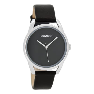 OOZOO Timepieces - Zilverkleurige horloge met zwarte leren band - JR294