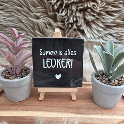 Robuust wenstegeltje “Samen is alles leuker!” – Liefde & Vriendschap Cadeau – Keramiek – Decoratie – Relatie Cadeautje – Vriendschap - Trendy nu – Decoratief Tegeltje met Standaard – Cadeau Idee