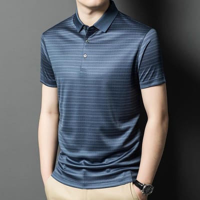 Zomer Nieuw Merk Heren Korte Mouw T-shirt Puur Gestreept Kraagje Moerbeizijde Casual Heren T-shirt Korte Mouw 4XL
