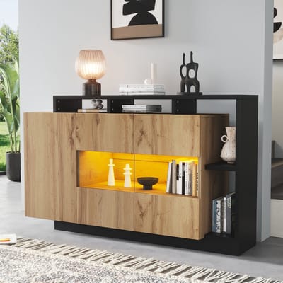 STILVORA Dressoir - Led Verlichting Met Bluetooth Bediening - Open En Gesloten Opbergruimte - MDF - Houtkleur;Zwart - 140x44x93,5 Cm