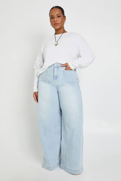 boohoo Dames Plus Hoge Taille Voorzak Wijde Pijp Jeans | Gebleekt | Maat: 44