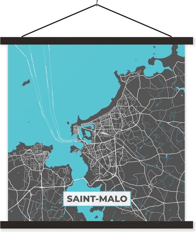 Posterhanger incl. Poster 60x60 cm - Schoolplaat - Saint-Malo - Frankrijk - Plattegrond - Stadskaart - Kaart - Textielposter - Zwarte latten - Stadskaart