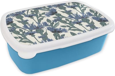 Broodtrommel Blauw - Lunchbox - Brooddoos - Patronen - Korenbloem - Natuur - Plant - 18x12x6 cm - Kinderen - Jongen