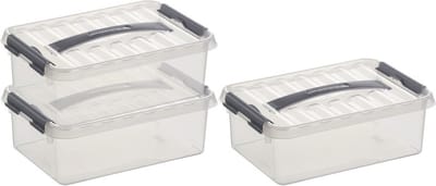 3x sunware q-line opberg box/opbergdoos - 4 liter - 30 x 20 x 10 cm - kunststof - opslagbox - transparant/zilver