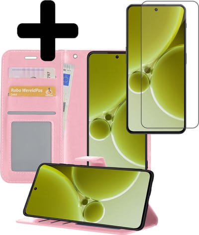 Hoesje - Met Screenprotector - Geschikt voor OnePlus Nord 3 - Luxe Pasjeshouder - Bookcase Portemonee - Flip Case - Kunstleer Book Case - Flipcase - Book Cover - Walletcase - Portemonneehoes - Telefoonhoesjes - Lichtroze