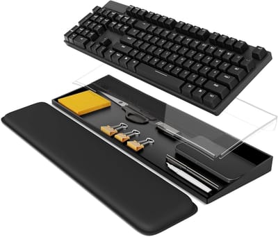 Schuine toetsenbordhouder van doorzichtig acryl voor een opgeruimd bureau, zwart en transparant, ideaal voor ergonomisch werken en ruimtebesparing