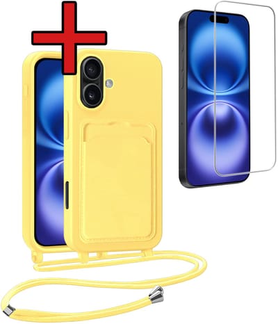 Hoesje Geschikt voor iPhone 16 Plus Hoesje Met Telefoonkoord en Pasjeshouder Met Screenprotector Siliconen - Hoes Geschikt voor iPhone 16 Plus Hoesje Met Kaarthouder Case - Geel
