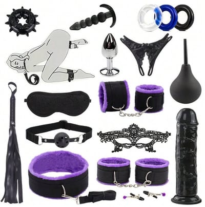 Oneay BDSM Extreme Bondage Set - 17 Delig -SM Handboeien - Dildo - Zweep / Anale plug / Tepelklemmen - Sex Toys voor Koppels - Seksspeeltjes voor mannen en vrouwen - Sex Pakket en Toys - Paars