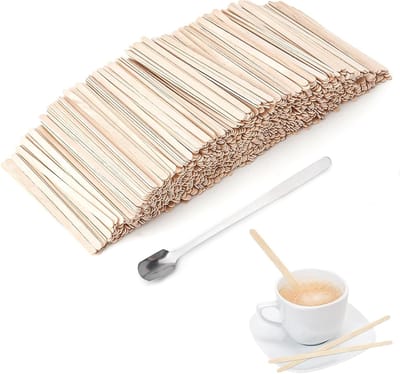 Houten roerstaafjes en roestvrijstalen koffielepel van 13 cm - Duurzaam, milieuvriendelijk en splintervrij voor café, kantoor en huishouden