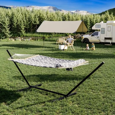 Hangmat met Spreidstok voor 2 Persoons - Stalen Standaard - Schommelbed Buiten en Binnen - Kussen - Verstelbaar - 200kg Draagvermogen - Voor Tuin Terras Strand - Lichtgrijs