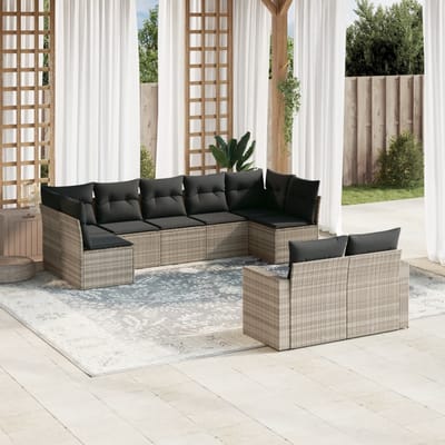 vidaXL - 9-delige - Loungeset - met - kussens - poly - rattan - lichtgrijs