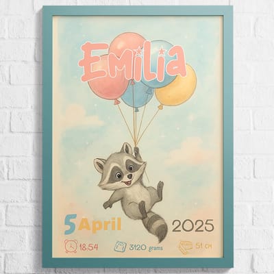 Babyposter - Wasbeer - Gepersonaliseerd met naam en geboorte gegevens - Poster voor baby - 30 x 40 cm - Baby posters