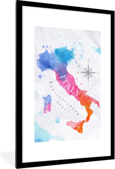 Poster in lijst - Fotolijst 60x90 cm - Posters - Wereldkaart - Olieverf - Italië - Posterlijst zwart - Decoratie - Wanddecoratie woonkamer - Muurdecoratie slaapkamer