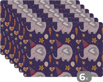 Placemat - Placemats kunststof - Verjaardag - Olifant - Bloemen - Patronen - 45x30 cm - 6 stuks - Hittebestendig - Anti-Slip - Onderlegger - Afneembaar