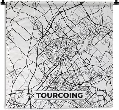 Wandkleed - Wanddoek - Stadskaart - Tourcoing - Plattegrond - Kaart - Frankrijk - Zwart wit - 180x180 cm - Wandtapijt