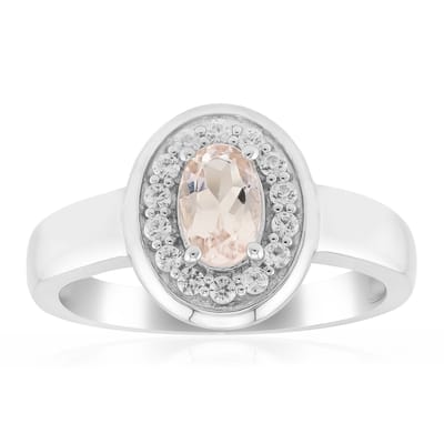 Cavill - Elegante Damesring - 925 Sterling Zilver met Ovale Marropino Morganiet 0,4 ct en 14 Sprankelende Zirkonia's - Prachtige Mozambique Edelsteen