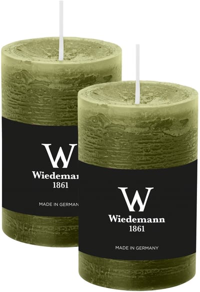 Wiedemann Cilinderkaars/stompkaars - 2x - rustieke kaars - olijfgroen - 6 x 9 cm - 30 branduren