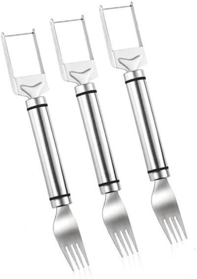 2 in 1 Watermeloen Vork - 3 Stuks - Watermeloen Snijmachine - met Dubbele Kop Meloensnijder - RVS - Handfruitsnijder - Draagbaar - Voor Watermeloen / Mango / Meloen - 23 x 3 CM - Zilver