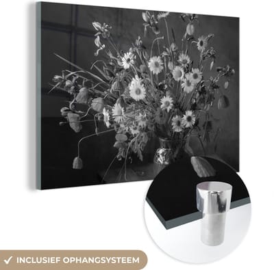 MuchoWow® Glasschilderij 120x80 cm - Schilderij acrylglas - Boeket - Bloemen - Olieverf - Stilleven - Zwart - Wit - Foto op glas - Muurdecoratie woonkamer - Wanddecoratie slaapkamer - Schilderijen