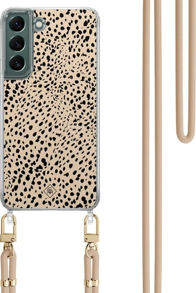 Casimoda® hoesje met koord - Geschikt voor Samsung S22 - Stippen bruin abstract - Afneembaar koord - TPU/polycarbonaat - Bruin/beige