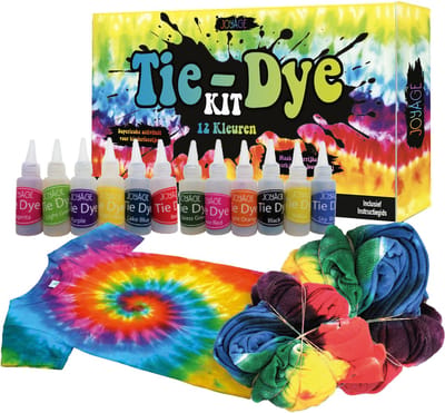 Joyage Tie Dye Kit Verf - 12 kleuren - Tie dye verf poeder - Tie dye set kinderen knutselset - Textielverf wasmachine - Batik Verf set - Wasmachinetextielverf - Tye Dye set - Meisjes speelgoed 5 jaar 6 jaar 7 jaar verjaardagsfeestje knutselen 8 jaar