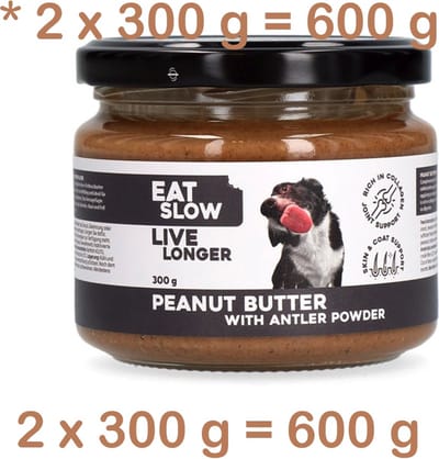 **2 X ** Hofman peanutbutter voor honden met geweipoeder 300gr x 2 = 600 gr - Aanvullende voeding - honden snack -rijk aan callogeen- ondersteunt gewrichten , vacht en huid conditie