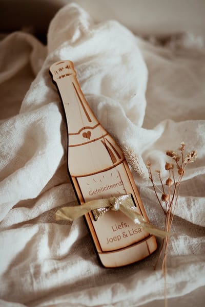 Bolletoet houten fles wenskaart - houten envelop - cadeau - verjaardag - jubileum